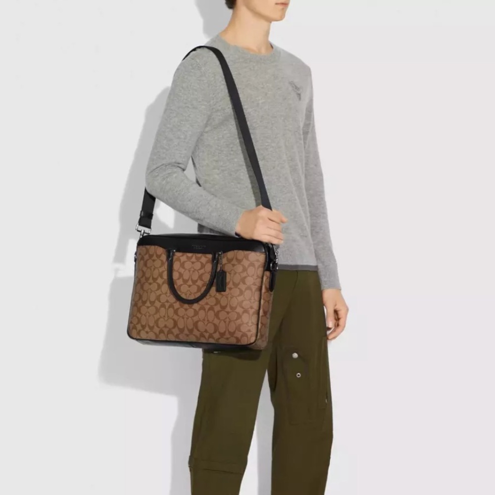 NWT Coach F72978 Men's Beckett Brief In Signature Canvas Tan Black Leather Bag